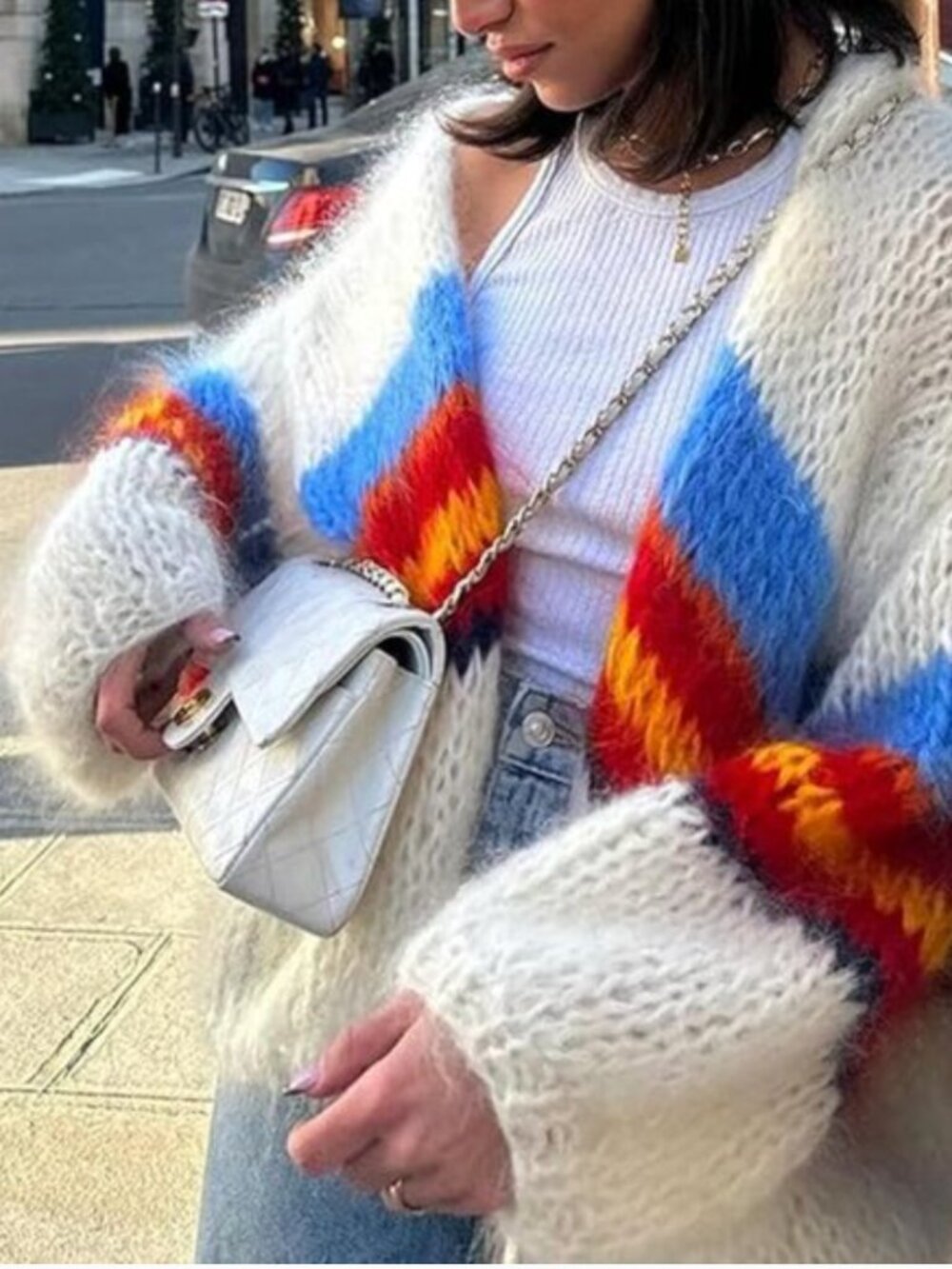 Cream Open-Front Mohair Cardigan with Multicolor Stripes